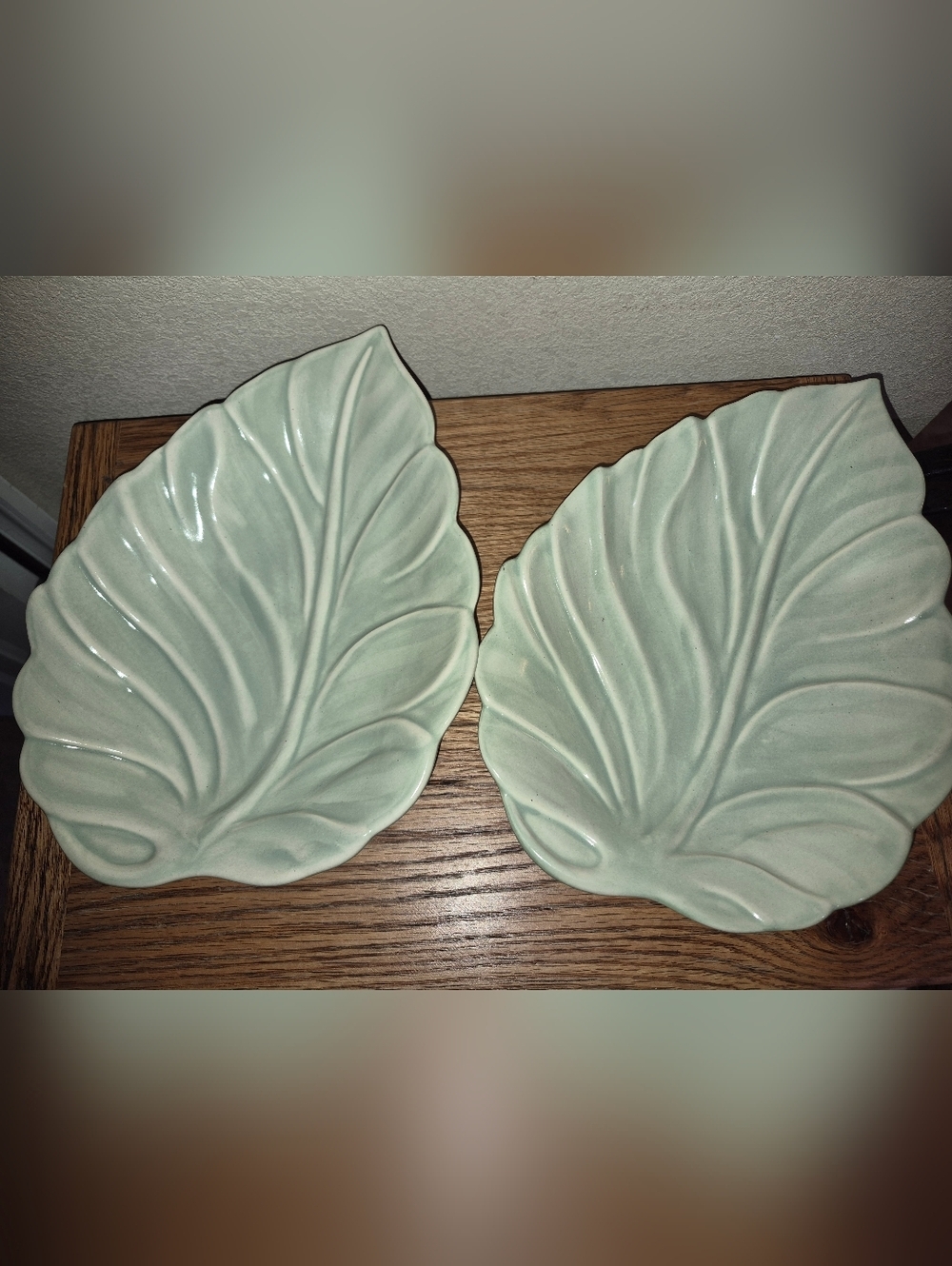 2 Vintage Royal Haeger Celadon Green Leaf-Shaped Platters, Serving Dishes